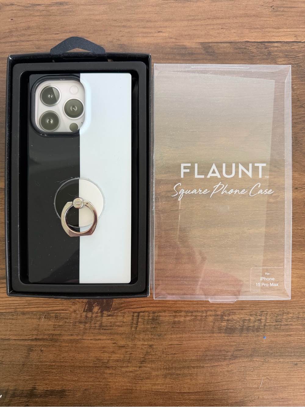 Flaunt Square Phone Case for iPhone 15 Pro Max - Black & White with Ring